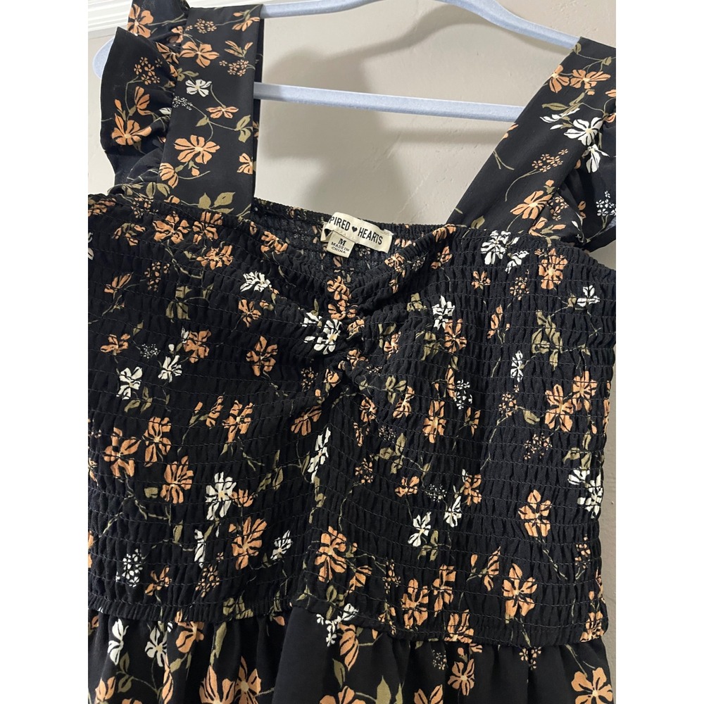 Inspired Hearts Womens Floral Smocked Ruffle Wide Leg Jumpsuit Black Orange M - Picture 9 of 12